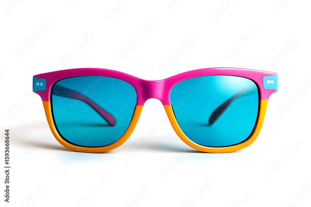 Vibrant sunglasses stand out against a pristine white background, showcasing summer style and modern design with bright colors and clear lenses. Vibrant sunglasses stand out against a pristine white background, showcasing summer style and modern design with bright colors and clear lenses.