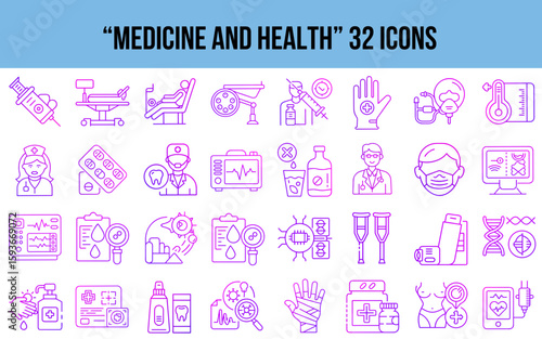 Medicine and Health icons set in vibrant pink style  