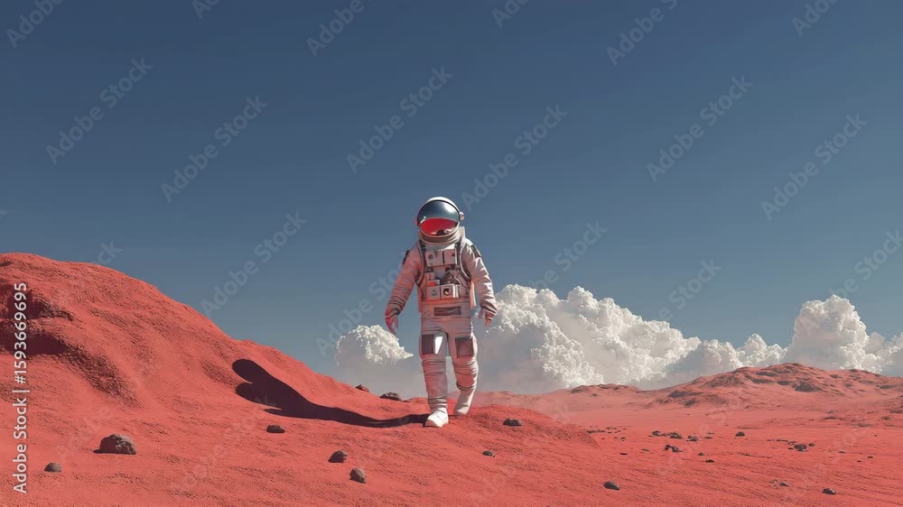 Under the orange sky of Mars, an astronaut walks on the red planet's ...