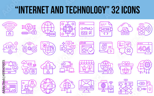 Internet and technology icon set featuring 32 vector graphics  