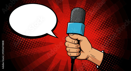 Hand holding microphone with speech bubble in pop art style background