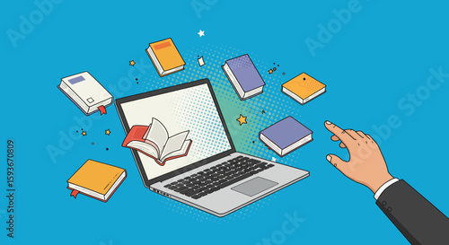 Cartoon depiction showcasing the integration of books with modern technology use