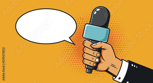 Pop art hand holding microphone with blank speech bubble inviting input