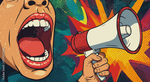 Pop art illustration of a person shouting into a megaphone, impactful communication