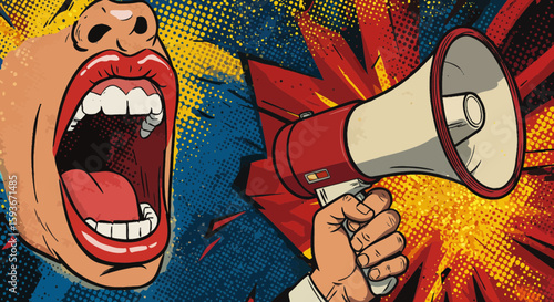Comic book style image of shouting mouth with a megaphone for announcements