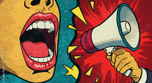 Expressive pop art illustration showcasing communication through shouting and amplification