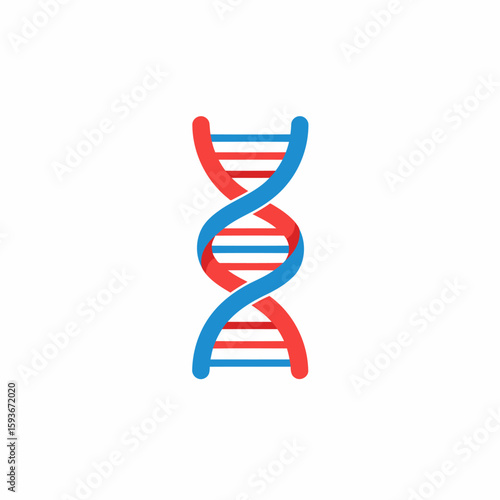 Illustration of a stylized DNA double helix structure with red and blue strands on a white background.