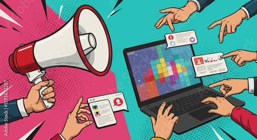 Pop art communication concept: Loudspeaker and digital platforms for social media