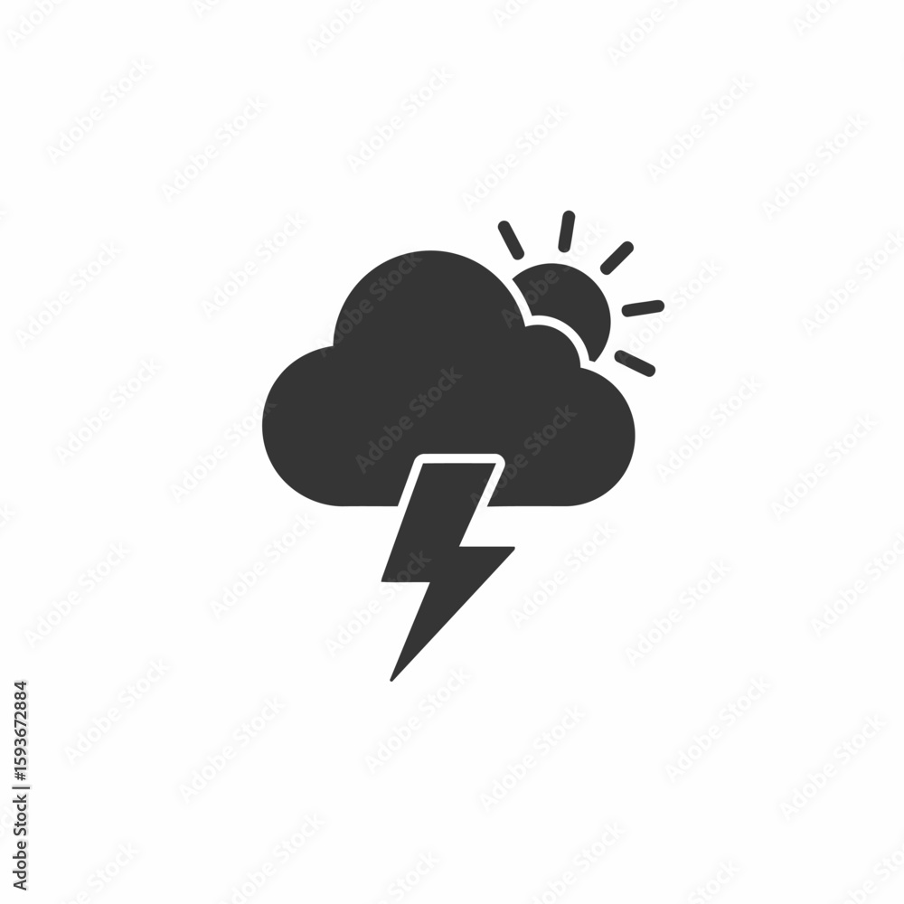 Obraz premium A simple graphic icon depicting a dark cloud with a lightning bolt underneath and the sun partially visible behind the cloud.