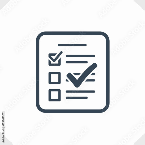 A stylized vector illustration of a checklist with one box checked and a large checkmark indicating completion.