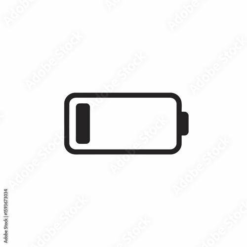 A minimalist black and white illustration of a battery icon showing a low charge level.