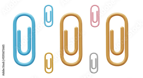 Colorful 3D Rendered Paper Clips Arranged on a White Background for Office Supplies