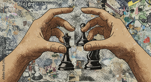 Hands positioning chess pieces in a strategic game on a textured backdrop