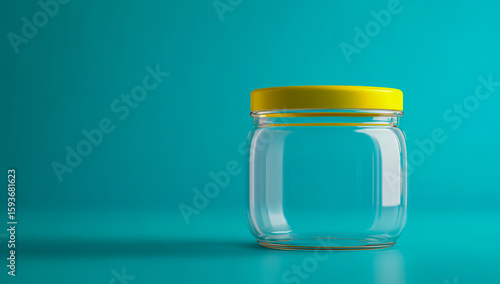 Close-up 3D rendering of an empty clear glass jar with a bright yellow lid, placed on a vibrant turquoise background, showcasing detailed textures and reflections.