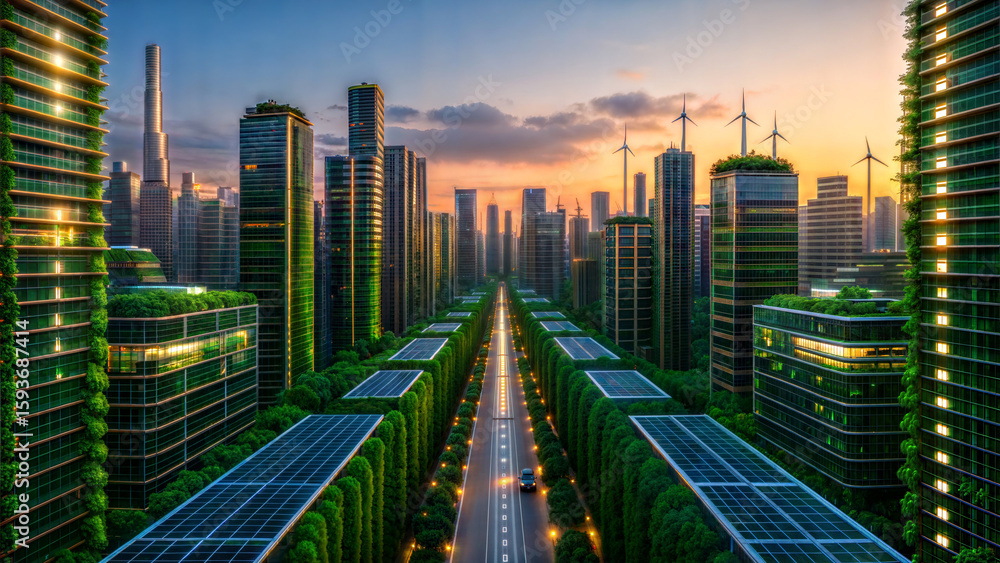 Obraz premium Sustainable Cityscape: Green Buildings, Solar Panels & Wind Turbines