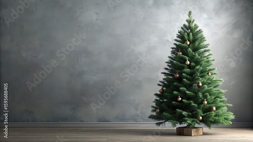 A tall decorated christmas tree stands alone in a room with a textured gray wall