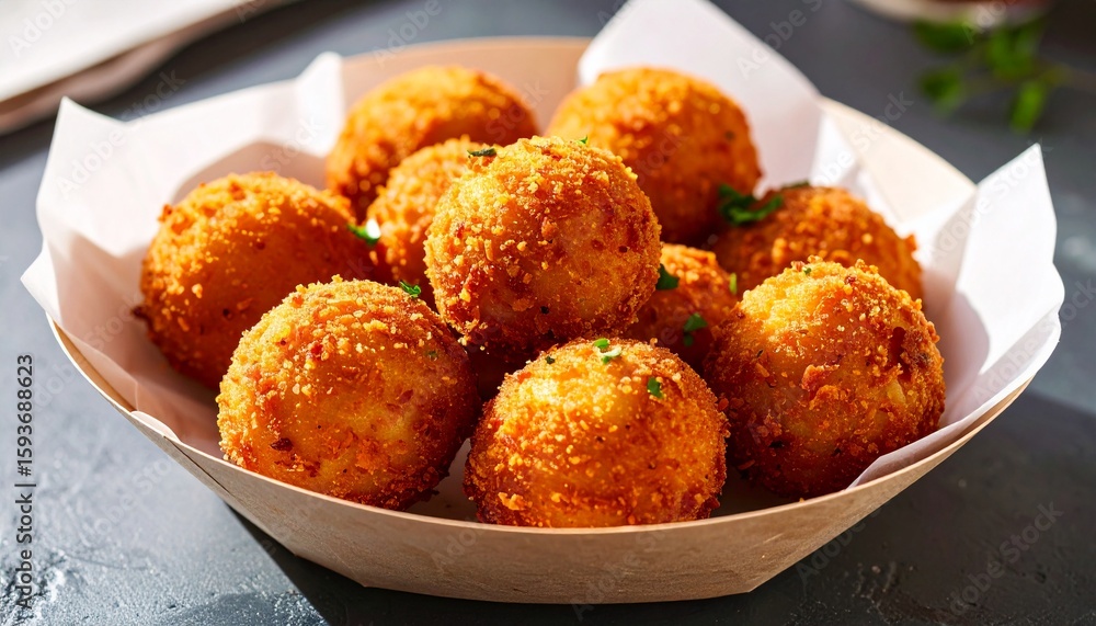 Typical Sicilian Street Food Arancini, Deep Fried Rice Balls With Meat, On Paper Plate Take Out. Typical Sicilian Street Food Arancini, Deep Fried Rice Balls With Meat, On Paper Plate Take Out.