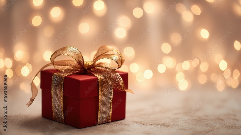 Elegant Red Gift Box with Golden Ribbon on Sparkling Background Elegant Red Gift Box with Golden Ribbon on Sparkling Background