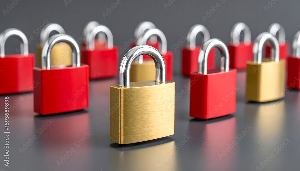 Fototapeta premium Group of padlocks, some red, some gold
