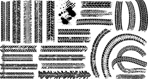 Tire tracks after skidding, launch, drift, powerslide in motorsport, rally, off-road, motocross. Wheel texture with splash effect. Vector, EPS version.