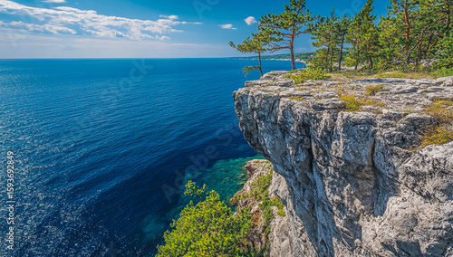 Fototapeta Naklejka Na Ścianę i Meble -  Image of a rugged mountain range on a vast ocean shore, with a flat rock surface ideal for displaying products. Web banner design with ample copy space on the right for writing or branding.
