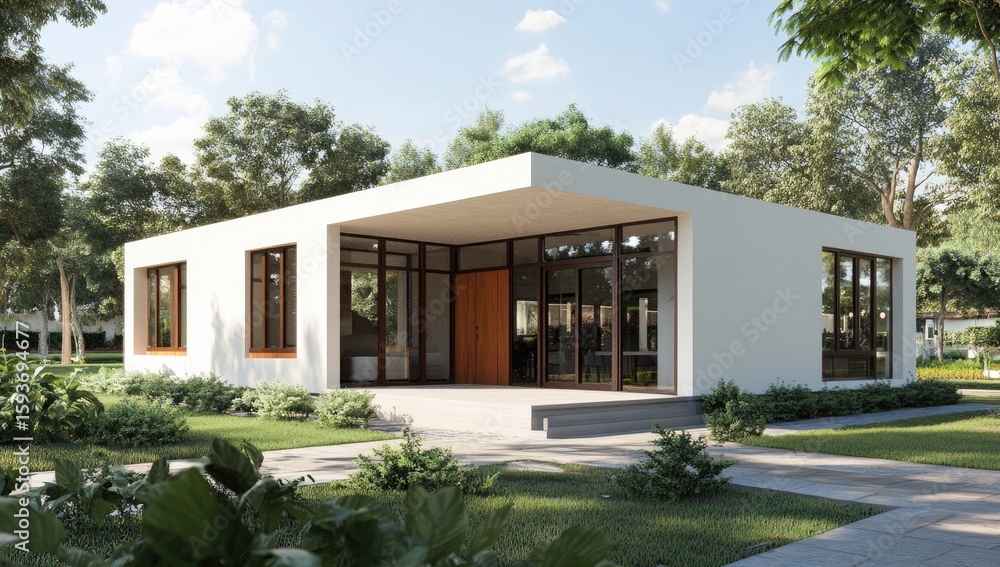 Fototapeta premium Modern white house with large windows and covered porch