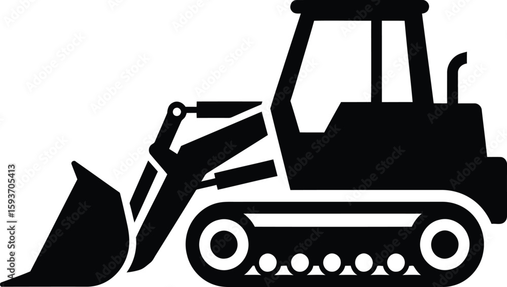 Naklejka premium Silhouette of a construction bulldozer, showing its bucket and tracks, in black and white.