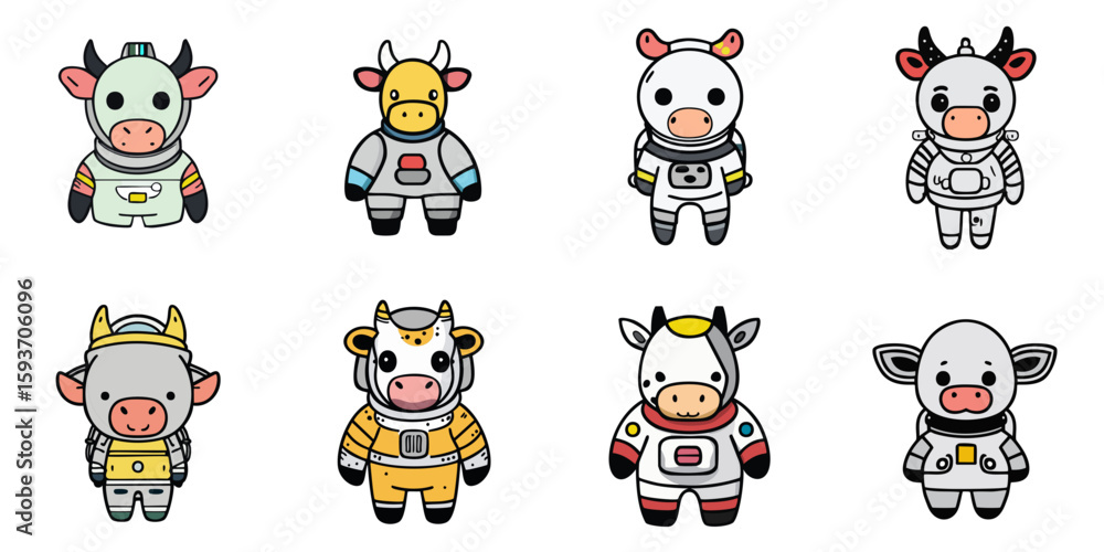 Fototapeta premium Multiple vector illustrations of cow in space suits drawn in doodle-like style