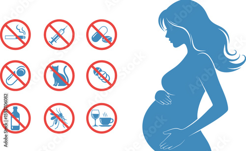 Pregnant woman silhouette with prohibited symbols for healthy lifestyle