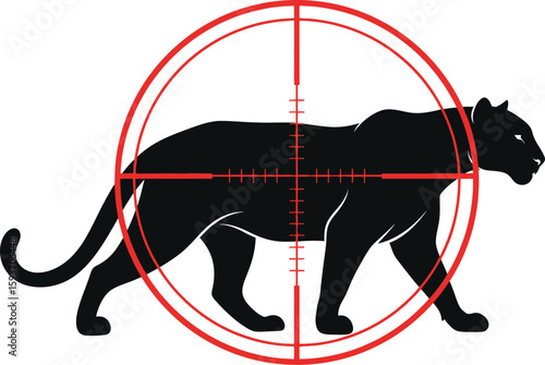 Black panther silhouette targeted by a red crosshair on white space