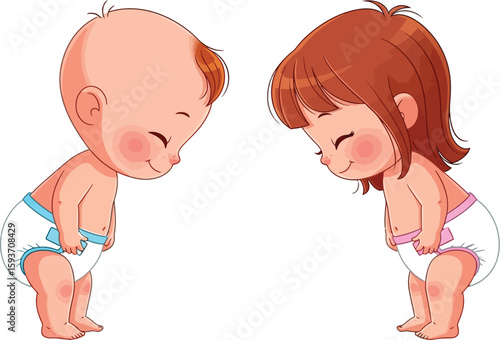Cartoon illustration of two babies wearing diapers looking downward