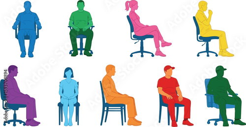 Colorful illustration of people sitting in various chairs and poses