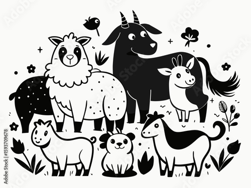 Cute black and white farm animals in a whimsical style