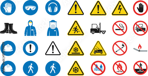 Illustration of various safety signs and symbols on a white background