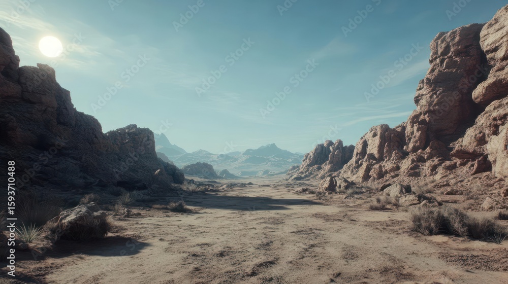 Obraz premium Serene Desert Vista with Rocky Outcrops and Distant Mountains