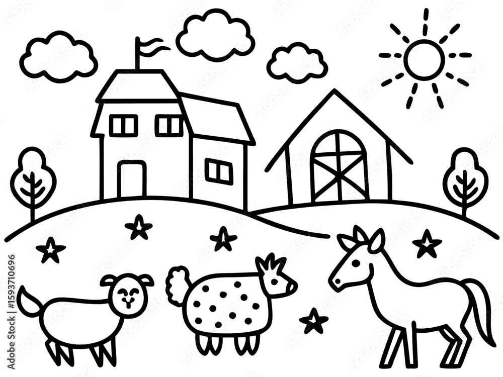 Obraz premium Simple farm scene with animals and buildings for coloring
