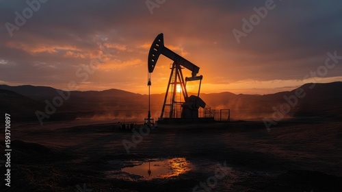 Silhouette of Oil Pump Jack at Dramatic Sunset