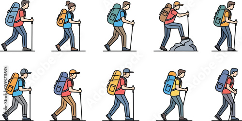 Ten hikers with backpacks and trekking poles walking in a line art style