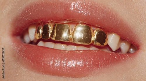 Close-up of woman's mouth wearing gold teeth grill and glossy lipstick. Great for hip-hop culture, fashion or dental-related projects.
