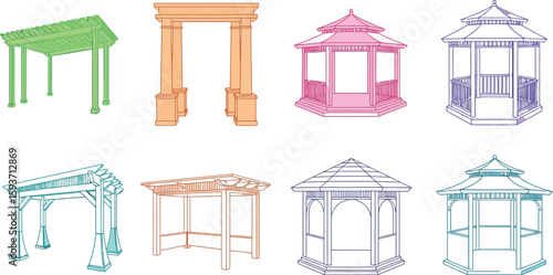 Collection of colorful gazebo and pergola line art on light background