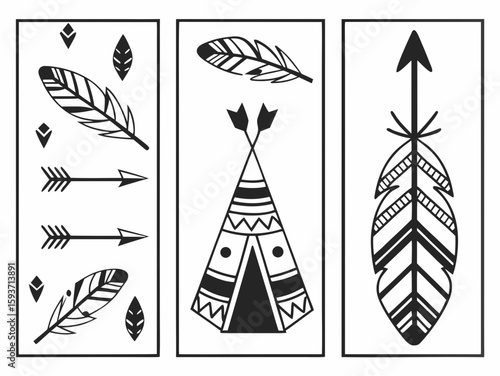 Tribal boho art with feathers arrows and teepee