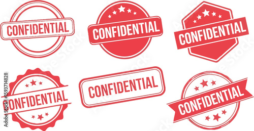 Collection of red confidential stamp designs on a white background