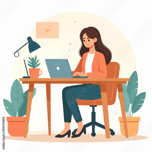 Woman working at a desk, focused on her laptop, in a home office setting.