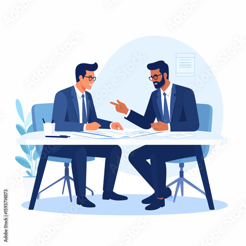 Two businessmen in suits collaborate, reviewing documents at a desk during a meeting.