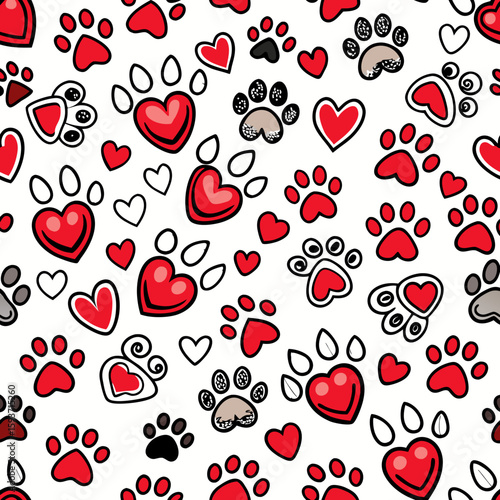 Wallpaper Mural Seamless pattern of red hearts and paw prints Torontodigital.ca