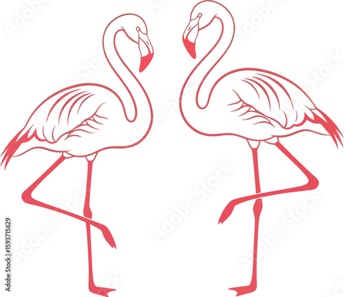 Two pink flamingo outlines standing on one leg facing each other