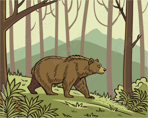 Brown bear walking through a forest with trees and mountains