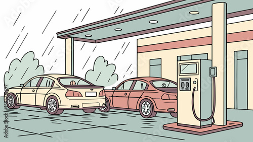 Cars at a gas station during a rain shower