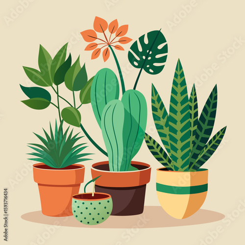 Vibrant collection of potted houseplants in a flat design