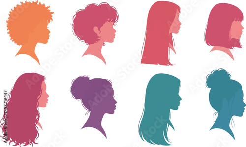 Illustration of eight female head silhouettes with different hairstyles